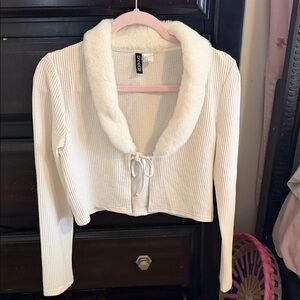 H&M Cream Ribbed Cropped Cardigan with Faux-Fur Shawl Collar